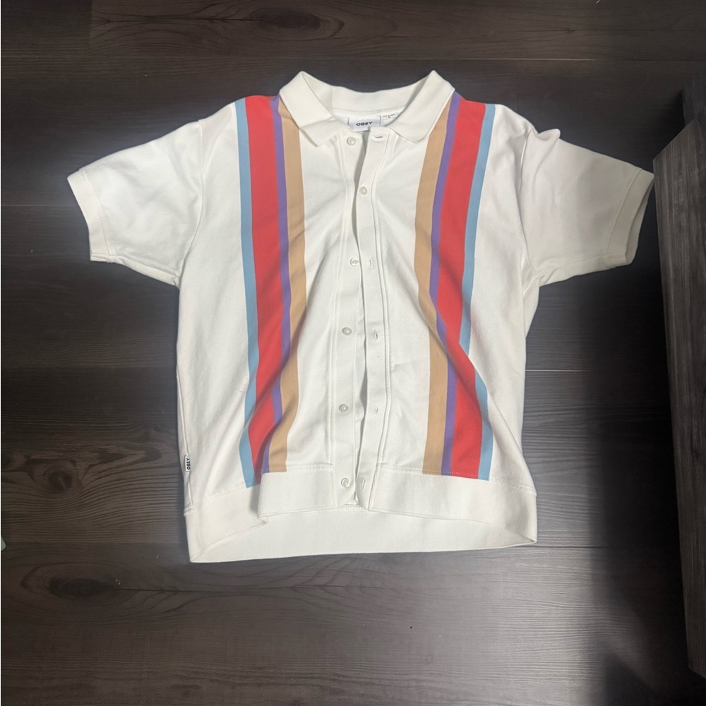 Obey Mens Button Down Shirt - White with Red, Blue, Tan Stripes. Medium.